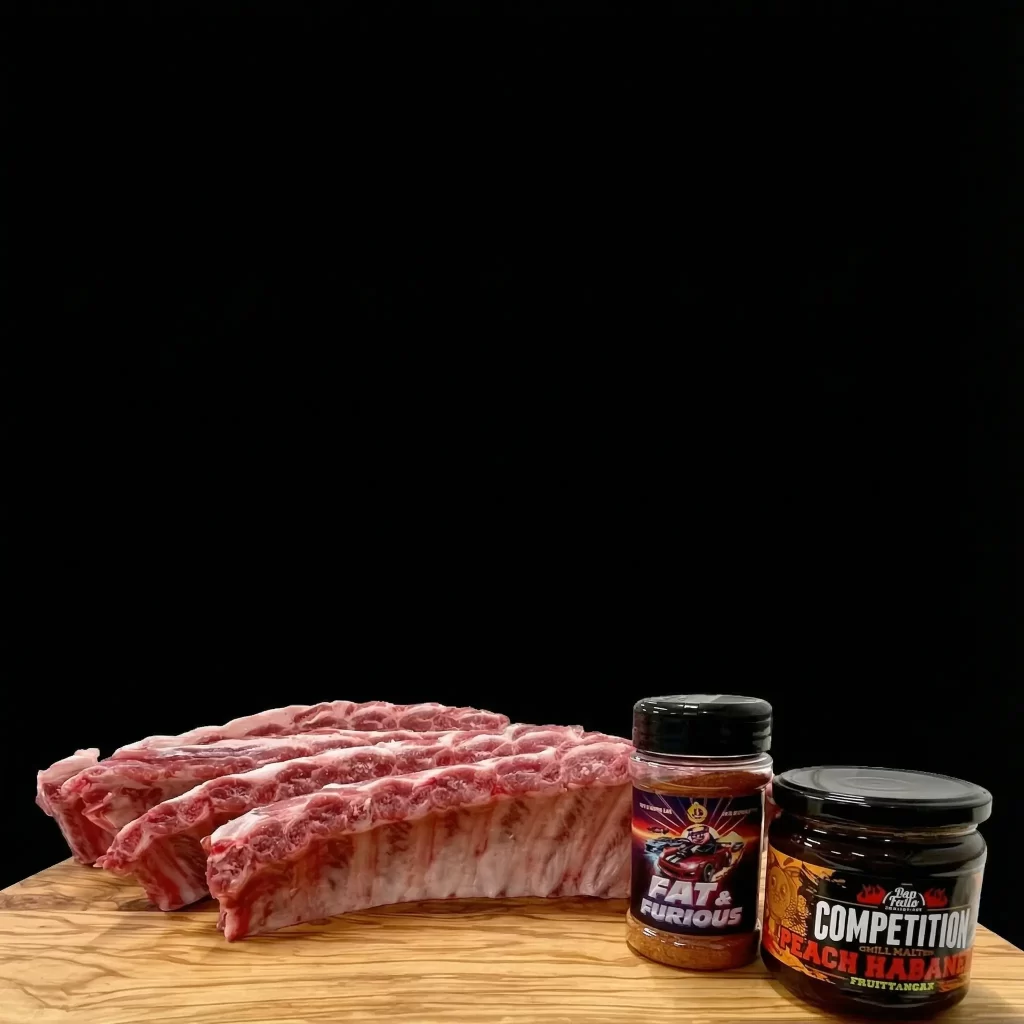 Kit Premium Baby Back Ribs con 4 costine, salsa Peach Habanero e rub Fat & Furious - CarneScelta.it