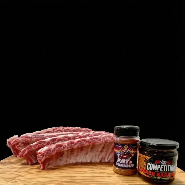Kit Premium Baby Back Ribs con 4 costine, salsa Peach Habanero e rub Fat & Furious - CarneScelta.it